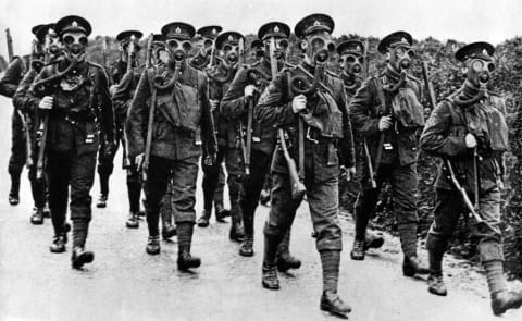 A platoon wearing gas masks during World War I.