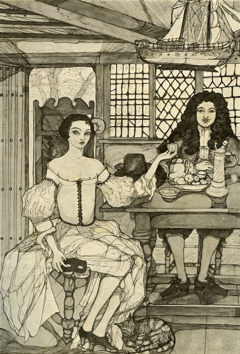 Catherine of Braganza, wife of Charles II, giving a tea party at Somerset House.