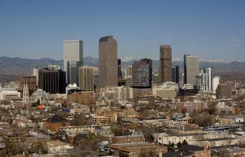 The Denver skyline, with the Wells Fargo Center—a.k.a. the Cash Register Building—in the center.