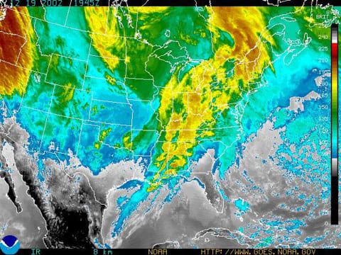 A radar image of a huge storm outbreak causing tornadoes in Mississippi.