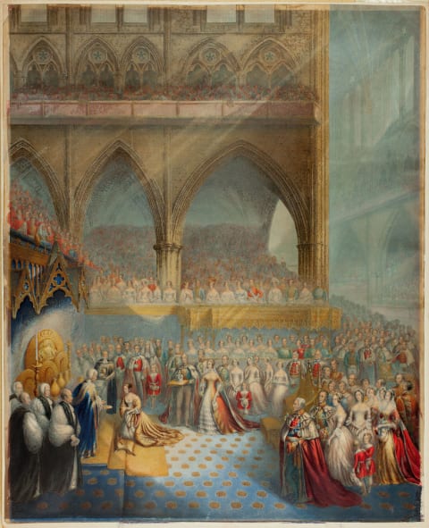 An illustration of Queen Victoria's coronation by George Baxter.