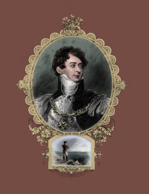 An illustration of the Prince Regent (above) and Napoleon in exile.