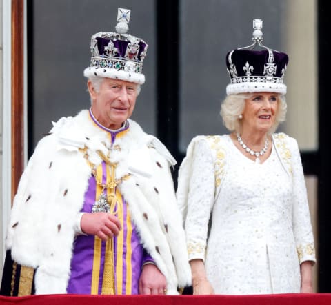 Queen Camilla wearing the Lahore Diamond at King Charles III's coronation.