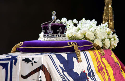 The Koh-i-Noor set within the Queen Mother's coronation crown, displayed at the Queen Mother's funeral.