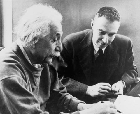 J. Robert Oppenheimer and Albert Einstein.