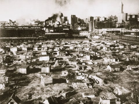 A 'Hooverville' On Waterfront Of Seattle Washington USA Great Depression March 1933.