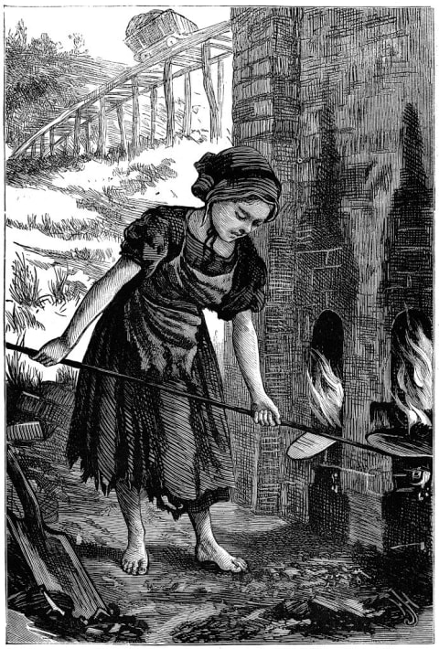 Young girl tending the fire holes of a brick kiln, 1871.