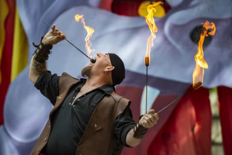 Fire-eater Ses Carny performing at the King Richard's Faire in Carver, Massachusetts.