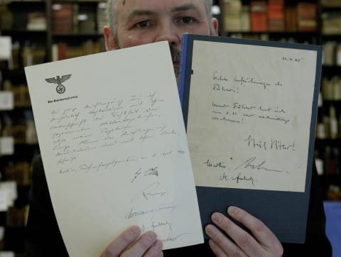 The last circulating copy of the fake Hitler diaries in Berlin, April 2004. The diary was bought by an anonymous bidder for 6500 euros.