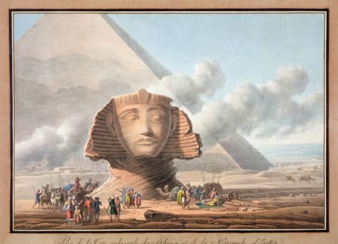 View of the head of the Sphinx and the Pyramid of Khafre, circa 1790