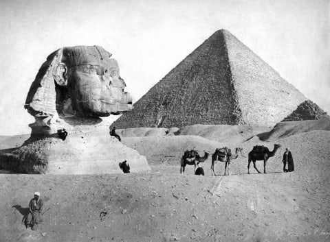 The Sphinx and pyramid at Giza, Egypt, circa 1882.