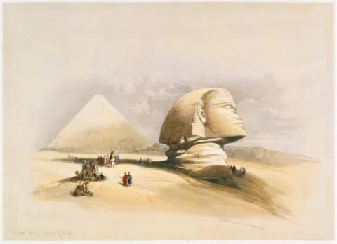 The Great Sphinx and the pyramids of Giza, 19th century.