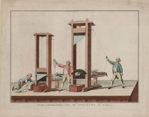 A late 18th-century illustration of the guillotine in Paris from the Collection of Bibliothèque Nationale de France.