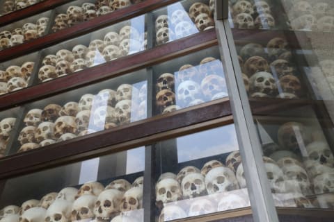 The Choeung Ek memorial stupa contains multiple human skulls, so as not to obscure the truth of what happened during the Khmer Rouge regime. 