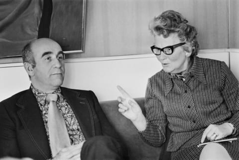 Mary Whitehouse seated with "Till Do Us Part" star Warren Mitchell.