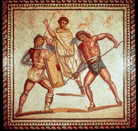 Gladiators in the arena, Roman mosaic, Saarbrucken, Germany.