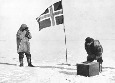 Amundsen (left) and Helmer Hanssen at the South Pole.