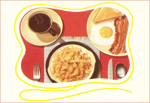 This big breakfast, circa the 1950s, features cereal and eggs and bacon.