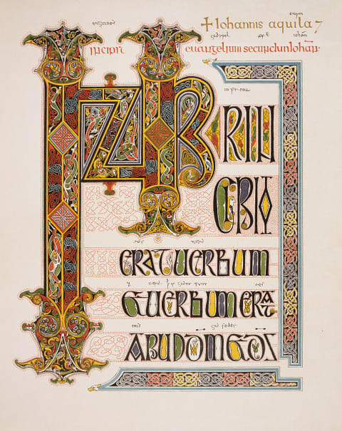 Reproduction of the title page of St. John's Gospel from the Lindisfarne Gospels, an illustrated manuscript created around 700 CE.