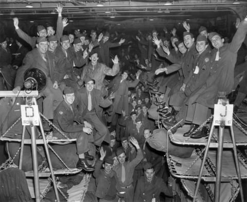 U.S. war veterans returning home from Europe, 1945.