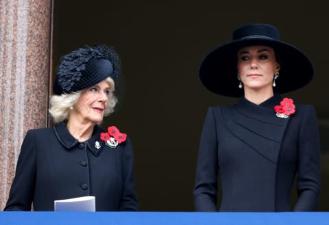 Queen Camilla and Catherine, Princess of Wales attending the National Service of Remembrance at The Cenotaph in November 2022.