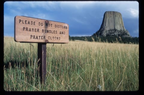 Wooden sign near Devils Tower.