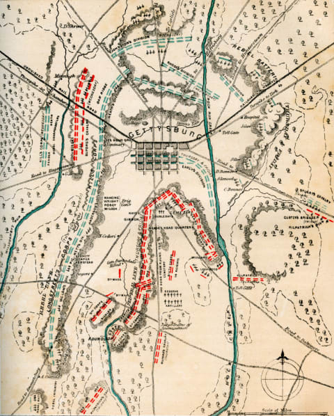 Map of the Battle of Gettysburg, Pennsylvania, 1-3 July 1863.