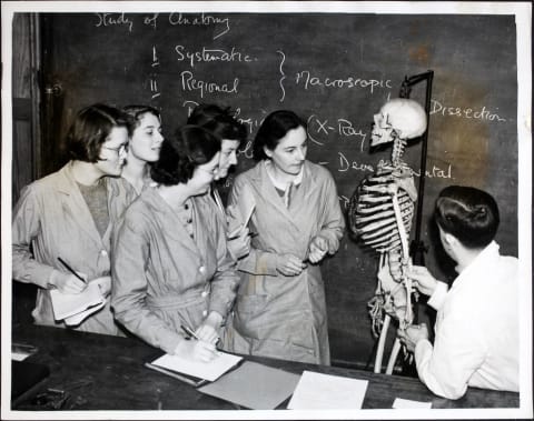 Nurse trainees learn anatomy.