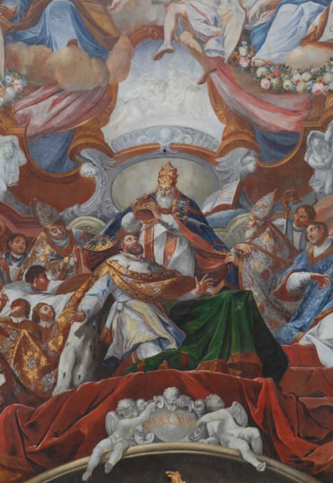 The imperial coronation of Charlemagne by Pope Leo III in 800 CE.