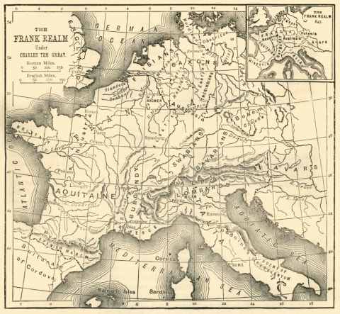 A map of the kingdom of the Franks under Charlemagne.