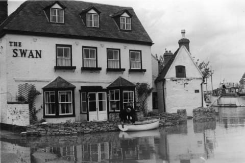 The Swan pub in Upton on Severn during floods in Worcestershire, 1969. 