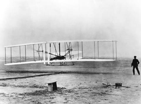 Wilbur and Orville Wright and the first powered flight, North Carolina, December 17, 1903.