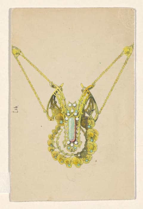 Design for a pendant with violets, enameled gold with an opal, circa 1905. 