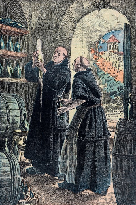 Illustration of Dom Pierre Perignon making champagne.