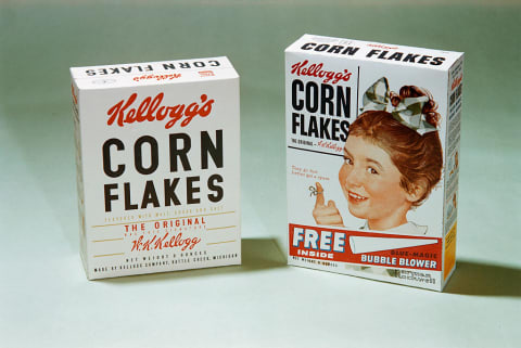 Corn Flakes cereal boxes, 1950.