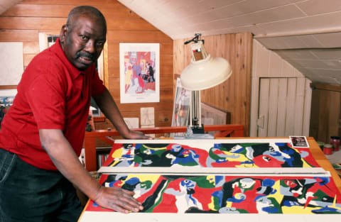 Artist Jacob Lawrence in his studio.