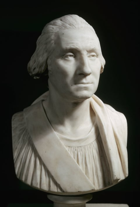 A marble bust of George Washington by Jean-Antoine Houdon.