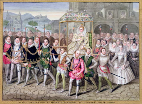 Queen Elizabeth I in procession with her courtiers.