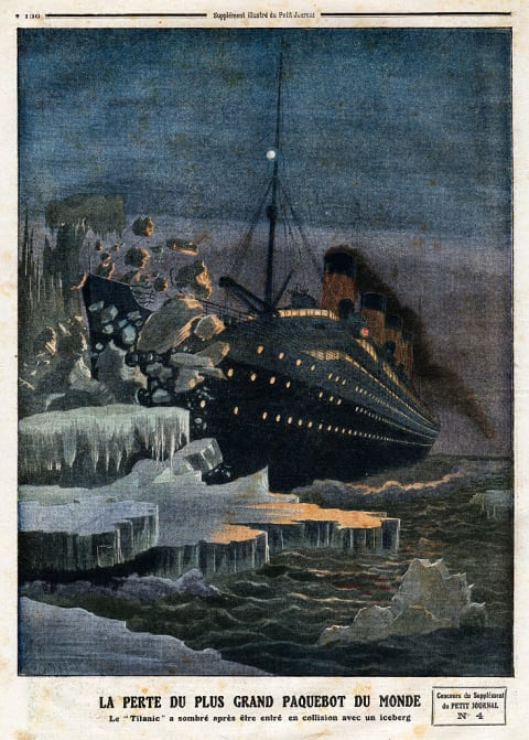 An illustration of the ‘Titanic’ colliding with an iceberg—which according to one conspiracy theory is not what happened.