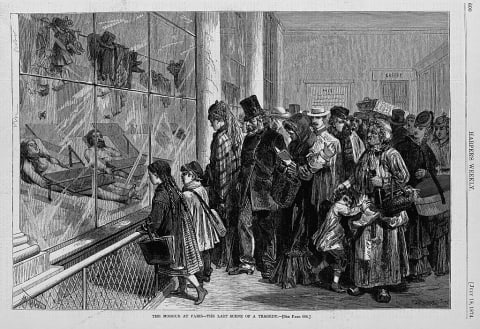 A newspaper illustration shows people viewing bodies through plate glass windows. 