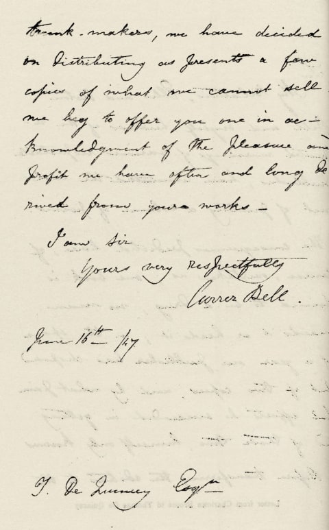 A letter that Charlotte Brontë signed with her pseudonym, Currer Bell.