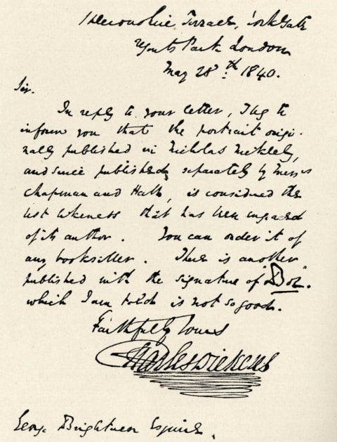 A letter signed by Charles Dickens