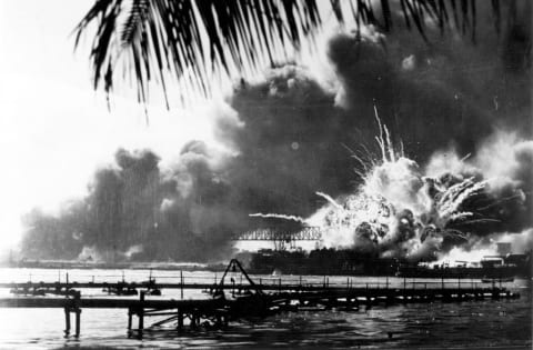 The American destroyer USS 'Shaw' explodes during the attack on Pearl Harbor.