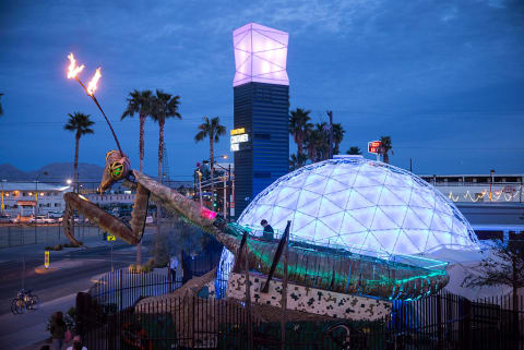 The Mantis near the front of the park's entrance is 40 feet tall and 30 feet wide, and as part of a show, can release fire flames. 