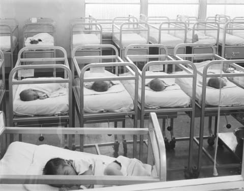 Newborns in a hospital circa 1960.