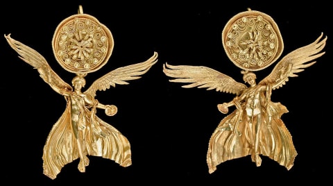 Early Hellenistic gold earrings featuring the Greek goddess Nike.