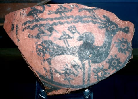 A sherd of pottery painted with a humped bull and birds from the Indus Valley, circa 2600 BCE.