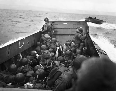 Allied troops in one of the amphibious “duck” landing vehicles during the D-Day invasion.