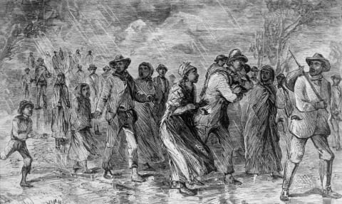 Illustration of enslaved people using a route on the Underground Railroad, circa 1800.