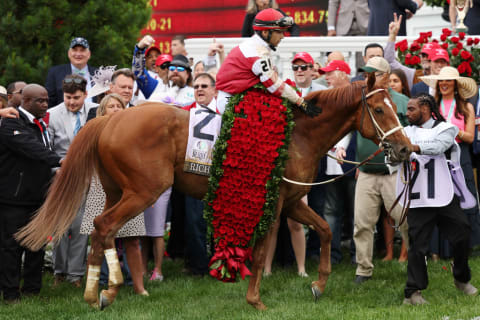 Rich Strike with Sonny Leon up enters the winner's circle after winning the 148th running of the Kentucky Derby at Churchill Downs on May 07, 2022.